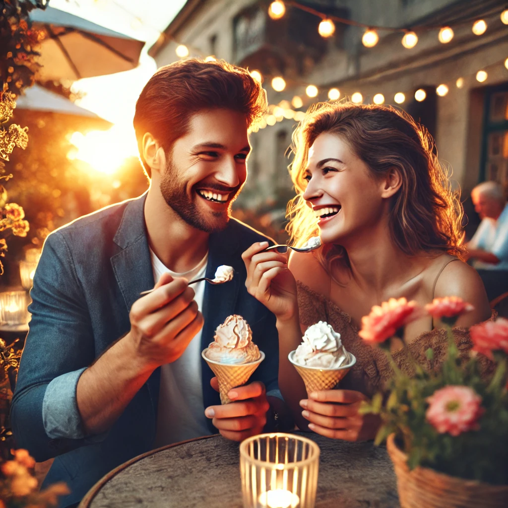 Couple enjoying ice cream at sunset